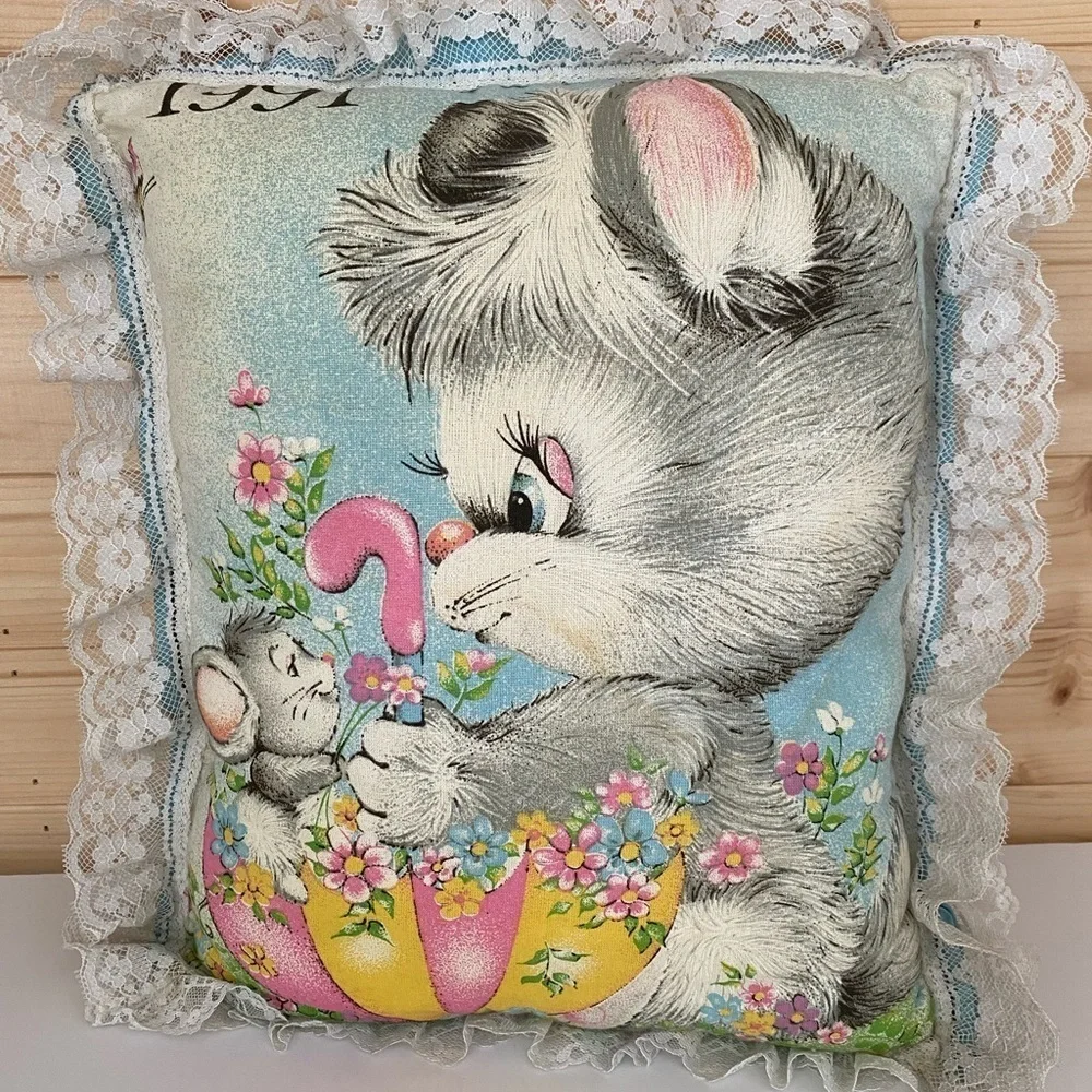 Vintage 1991 Handmade Ruffled Laced Puppy Kitten Calendar Tea Towels Pillow Home